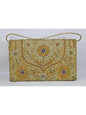Vintage 1940-1950 Handmade Gold Metallic Hand Embroidered Beaded Evening Bag